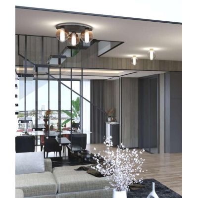 V-LINE PLAFONIERA ROTONDA 3 LUCI D50 CM NERA O SABBIA CON VETRI COLORATI MODERNA LAMPADINE E27