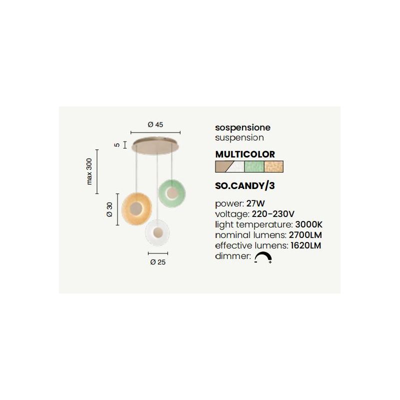 CANDY SOSPENSIONE A 6 LUCI LED 40W LUCE 3000K DIMMERABILE CON DIFFUSORI IN VETRO COLORATO E BASE ORO ONDALUCE CICIRIELLO - Crist