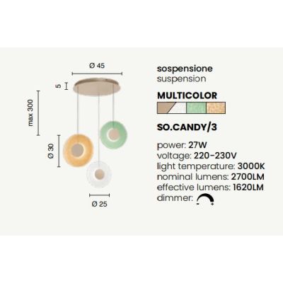 CANDY SOSPENSIONE A 6 LUCI LED 40W LUCE 3000K DIMMERABILE CON DIFFUSORI IN VETRO COLORATO E BASE ORO ONDALUCE CICIRIELLO - Crist