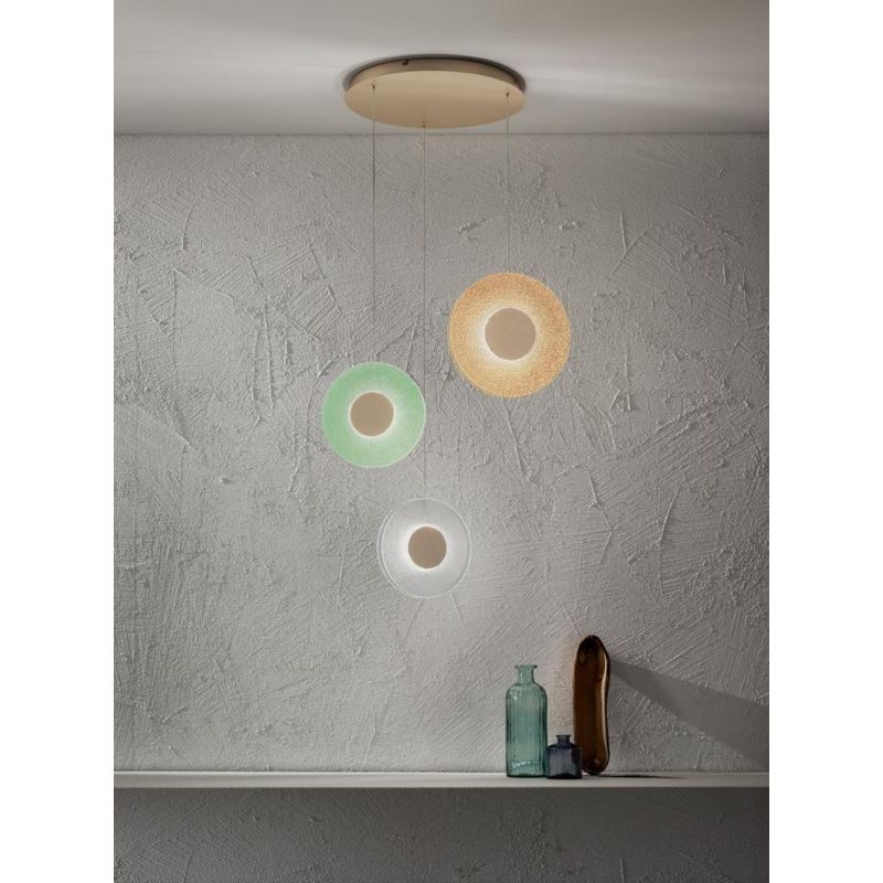 CANDY SOSPENSIONE A 6 LUCI LED 40W LUCE 3000K DIMMERABILE CON DIFFUSORI IN VETRO COLORATO E BASE ORO ONDALUCE CICIRIELLO - Crist