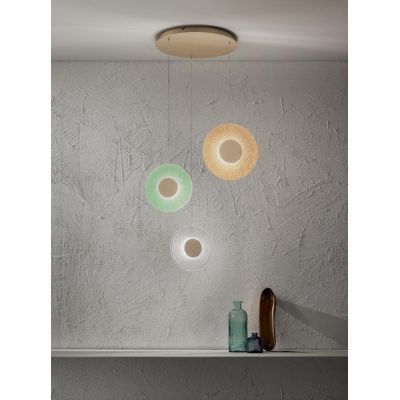 CANDY SOSPENSIONE A 6 LUCI LED 40W LUCE 3000K DIMMERABILE CON DIFFUSORI IN VETRO COLORATO E BASE ORO ONDALUCE CICIRIELLO - Crist