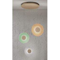 CANDY SOSPENSIONE A 6 LUCI LED 40W LUCE 3000K DIMMERABILE CON DIFFUSORI IN VETRO COLORATO E BASE ORO ONDALUCE CICIRIELLO - Crist