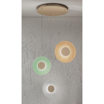 CANDY SOSPENSIONE A 6 LUCI LED 40W LUCE 3000K DIMMERABILE CON DIFFUSORI IN VETRO COLORATO E BASE ORO ONDALUCE CICIRIELLO - Crist