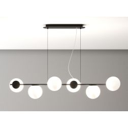 SOSPENSIONE 6 LUCI LINEARE IN METALLO NERO O SABBIA E DIFFUSORI IN VETRO BIANCO LAMPADINE ATTACCO E27 2