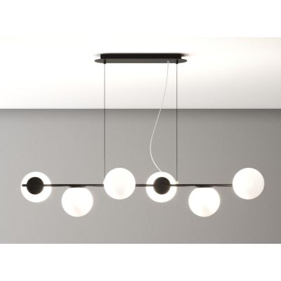 SOSPENSIONE 6 LUCI LINEARE IN METALLO NERO O SABBIA E DIFFUSORI IN VETRO BIANCO LAMPADINE ATTACCO E27