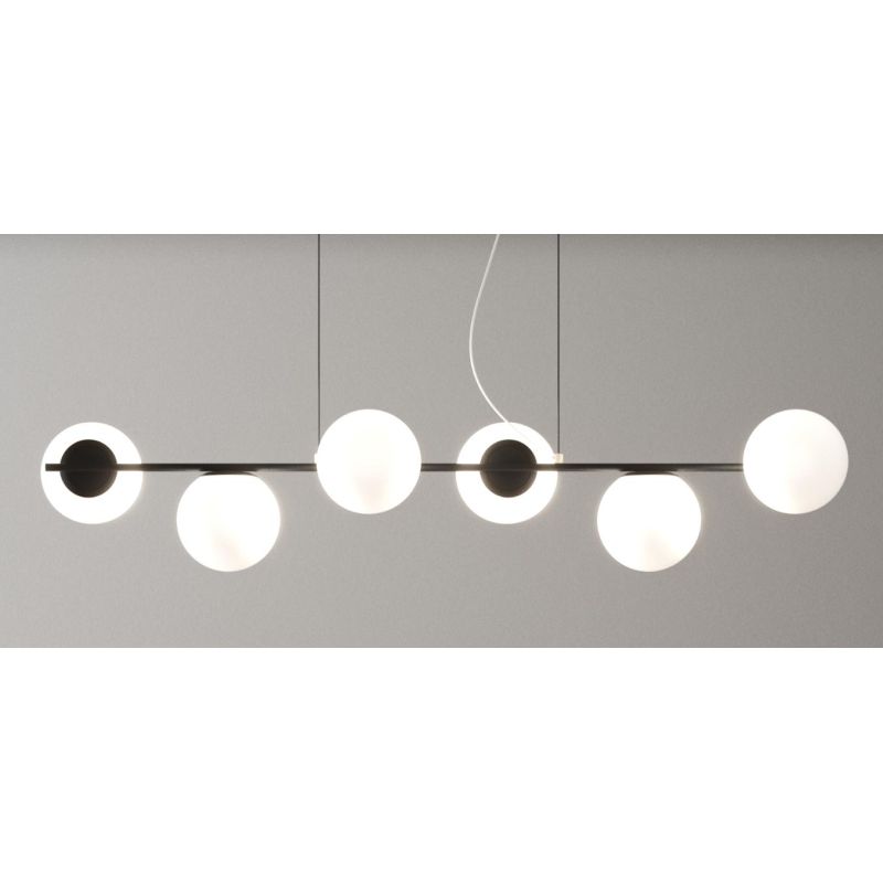 SOSPENSIONE 6 LUCI LINEARE IN METALLO NERO O SABBIA E DIFFUSORI IN VETRO BIANCO LAMPADINE ATTACCO E27