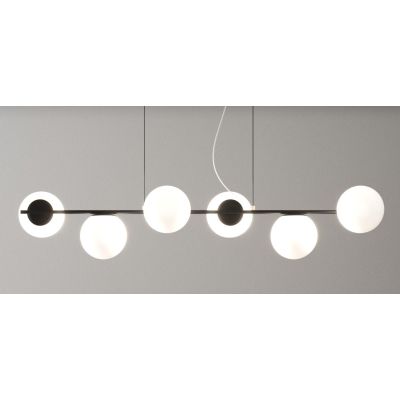 SOSPENSIONE 6 LUCI LINEARE IN METALLO NERO O SABBIA E DIFFUSORI IN VETRO BIANCO LAMPADINE ATTACCO E27