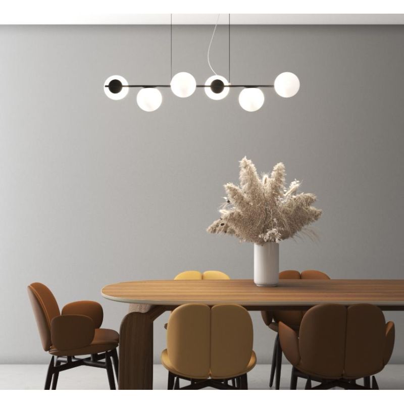 SOSPENSIONE 6 LUCI LINEARE IN METALLO NERO O SABBIA E DIFFUSORI IN VETRO BIANCO LAMPADINE ATTACCO E27
