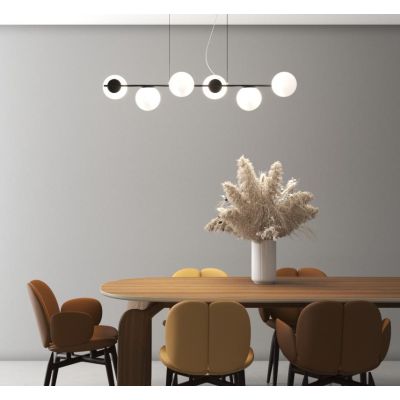 SOSPENSIONE 6 LUCI LINEARE IN METALLO NERO O SABBIA E DIFFUSORI IN VETRO BIANCO LAMPADINE ATTACCO E27