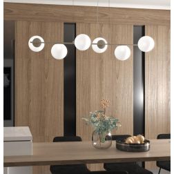 SOSPENSIONE 6 LUCI LINEARE IN METALLO NERO O SABBIA E DIFFUSORI IN VETRO BIANCO LAMPADINE ATTACCO E27