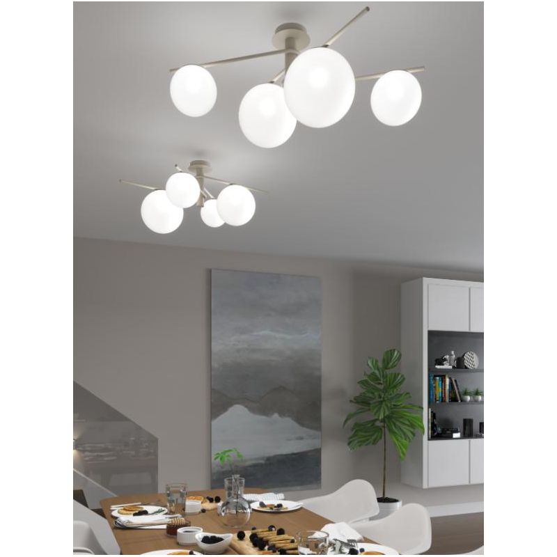 BOOMERANG SOSPENSIONE 4 LUCI IN METALLO SABBIA E DIFFUSORI IN VETRO BIANCO LAMPADINE ATTACCO E27