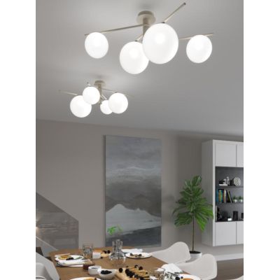 BOOMERANG SOSPENSIONE 4 LUCI IN METALLO SABBIA E DIFFUSORI IN VETRO BIANCO LAMPADINE ATTACCO E27