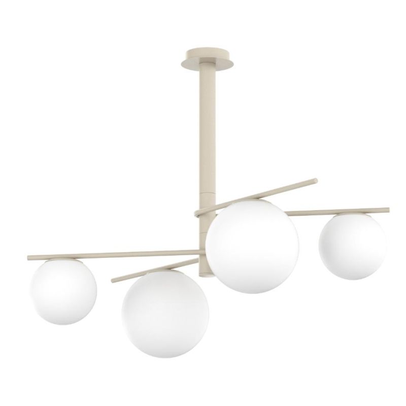 BOOMERANG SOSPENSIONE 4 LUCI IN METALLO SABBIA E DIFFUSORI IN VETRO BIANCO LAMPADINE ATTACCO E27