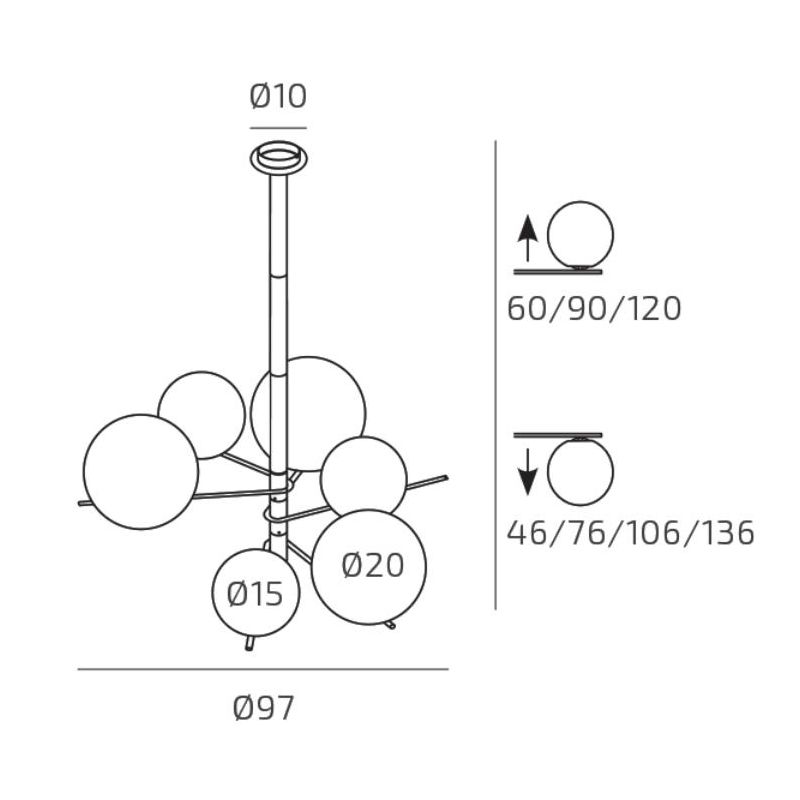 BOOMERANG SOSPENSIONE 6 LUCI IN METALLO SABBIA E DIFFUSORI IN VETRO BIANCO LAMPADINE ATTACCO E27