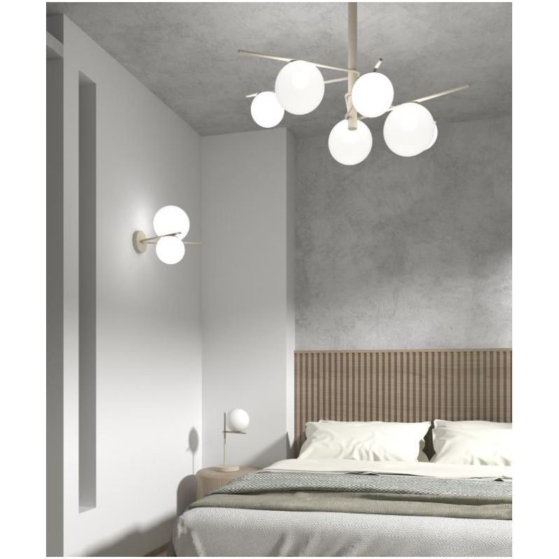BOOMERANG SOSPENSIONE 6 LUCI IN METALLO SABBIA E DIFFUSORI IN VETRO BIANCO LAMPADINE ATTACCO E27