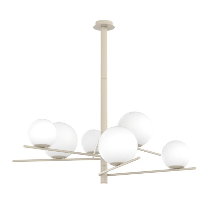 BOOMERANG SOSPENSIONE 6 LUCI IN METALLO SABBIA E DIFFUSORI IN VETRO BIANCO LAMPADINE ATTACCO E27