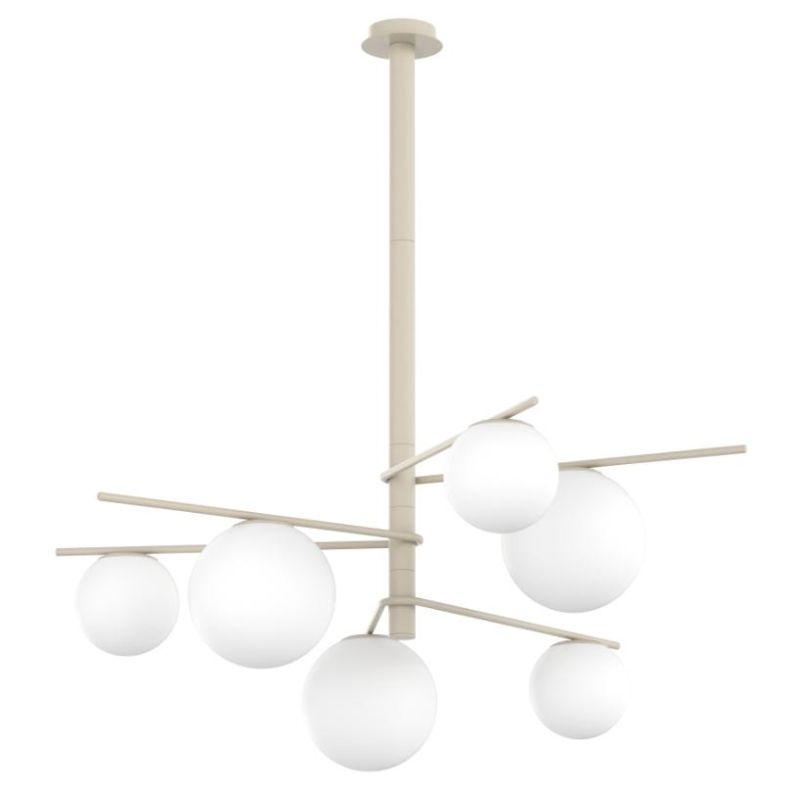 BOOMERANG SOSPENSIONE 6 LUCI IN METALLO SABBIA E DIFFUSORI IN VETRO BIANCO LAMPADINE ATTACCO E27