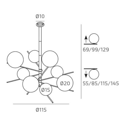 BOOMERANG SOSPENSIONE 8 LUCI IN METALLO SABBIA E DIFFUSORI IN VETRO BIANCO LAMPADINE ATTACCO E27