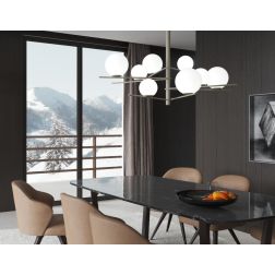 BOOMERANG SOSPENSIONE 8 LUCI IN METALLO SABBIA E DIFFUSORI IN VETRO BIANCO LAMPADINE ATTACCO E27 2