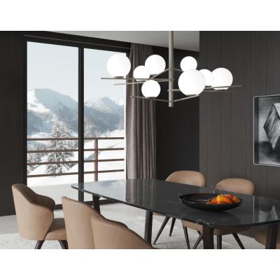 BOOMERANG SOSPENSIONE 8 LUCI IN METALLO SABBIA E DIFFUSORI IN VETRO BIANCO LAMPADINE ATTACCO E27