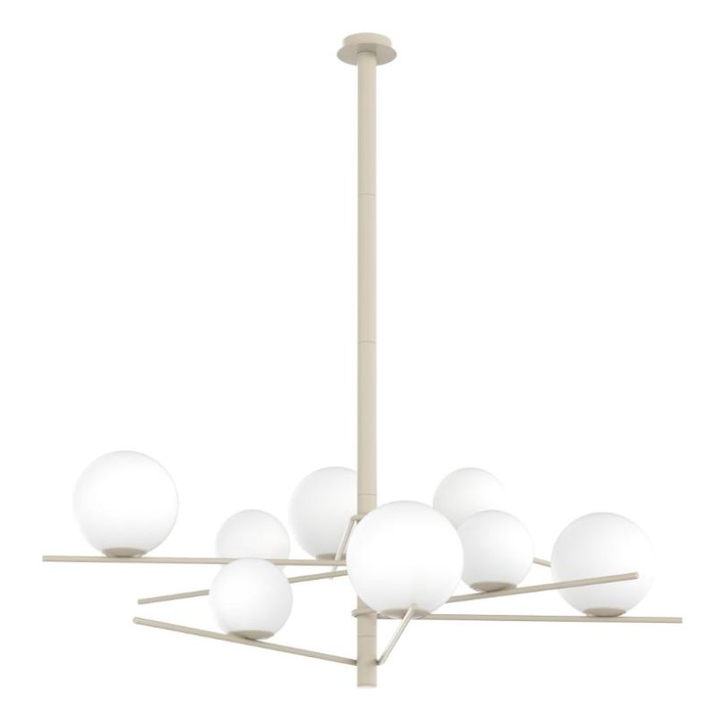 BOOMERANG SOSPENSIONE 8 LUCI IN METALLO SABBIA E DIFFUSORI IN VETRO BIANCO LAMPADINE ATTACCO E27