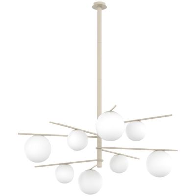 BOOMERANG SOSPENSIONE 8 LUCI IN METALLO SABBIA E DIFFUSORI IN VETRO BIANCO LAMPADINE ATTACCO E27