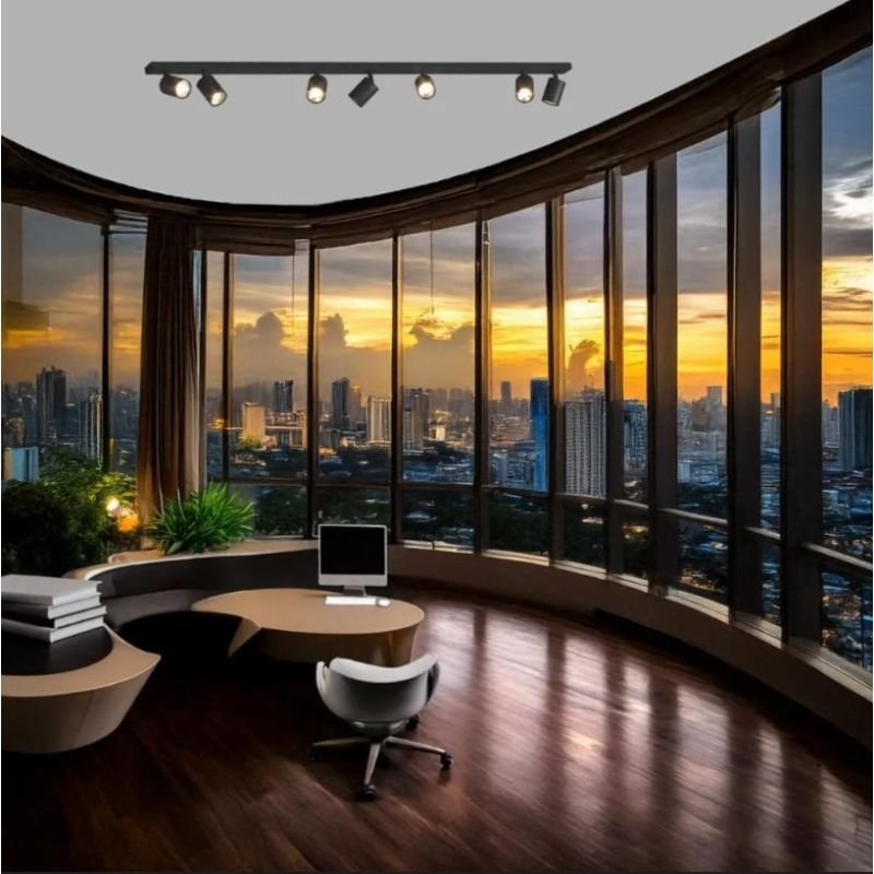 KORA BINARIO A 7 LUCI CON SPOT ORIENTABILI METALLO NERO, BIANCO E SABBIA CON LAMPADINE ATTACCO GU10