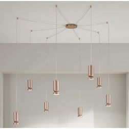 LILIUM SOSPENSIONE DECENTRATA 8 LUCI CON CILINDRI SVASATI METALLO ORO O NERO LAMPADINE GU10