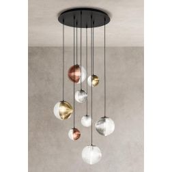 BELLA SOSPENSIONE CON BASE NERA E CON 8 SFERE IN VETRO SOFFIATO RIGATO BICOLORE LAMPADINE E27 2