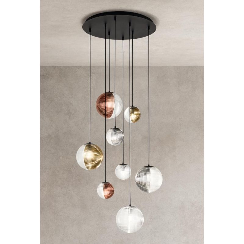BELLA SOSPENSIONE CON BASE NERA E CON 8 SFERE IN VETRO SOFFIATO RIGATO BICOLORE LAMPADINE E27