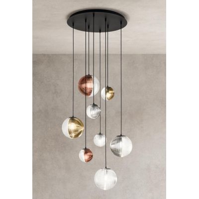 BELLA SOSPENSIONE CON BASE NERA E CON 8 SFERE IN VETRO SOFFIATO RIGATO BICOLORE LAMPADINE E27