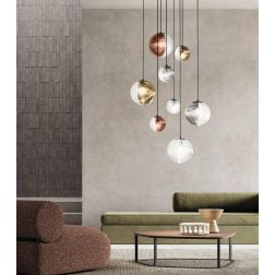 BELLA SOSPENSIONE CON BASE NERA E CON 8 SFERE IN VETRO SOFFIATO RIGATO BICOLORE LAMPADINE E27