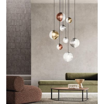 BELLA SOSPENSIONE CON BASE NERA E CON 8 SFERE IN VETRO SOFFIATO RIGATO BICOLORE LAMPADINE E27