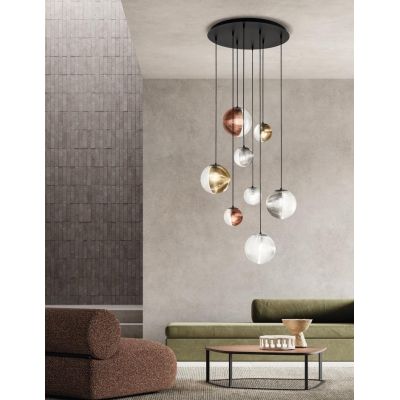BELLA SOSPENSIONE CON BASE NERA E CON 8 SFERE IN VETRO SOFFIATO RIGATO BICOLORE LAMPADINE E27