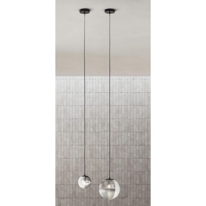 BELLA SOSPENSIONE SINGOLA NERA CON SFERA IN VETRO SOFFIATO RIGATO BICOLORE LAMPADINA E27