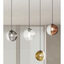 BELLA SOSPENSIONE SINGOLA NERA CON SFERA IN VETRO SOFFIATO RIGATO BICOLORE LAMPADINA E27