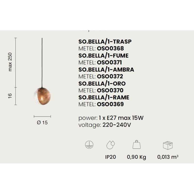 BELLA SOSPENSIONE SINGOLA NERA CON SFERA IN VETRO SOFFIATO RIGATO BICOLORE LAMPADINA E27