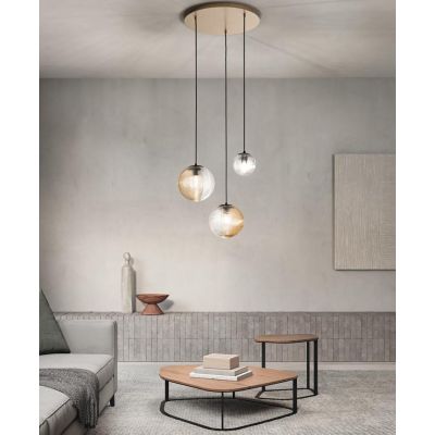 BELLA SOSPENSIONE CON BASE ORO E CON 3 SFERE IN VETRO SOFFIATO RIGATO BICOLORE LAMPADINE E27