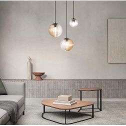 BELLA SOSPENSIONE CON BASE ORO E CON 3 SFERE IN VETRO SOFFIATO RIGATO BICOLORE LAMPADINE E27