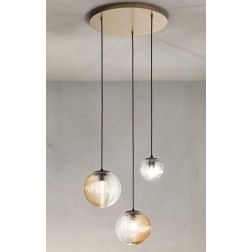 BELLA SOSPENSIONE CON BASE ORO E CON 3 SFERE IN VETRO SOFFIATO RIGATO BICOLORE LAMPADINE E27 2