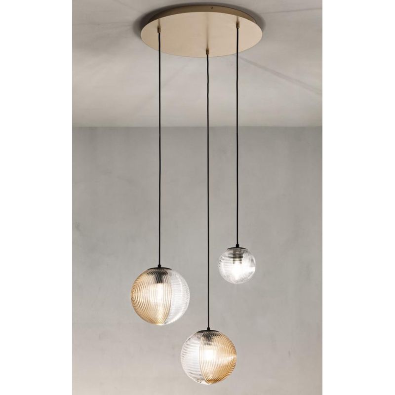 BELLA SOSPENSIONE CON BASE ORO E CON 3 SFERE IN VETRO SOFFIATO RIGATO BICOLORE LAMPADINE E27