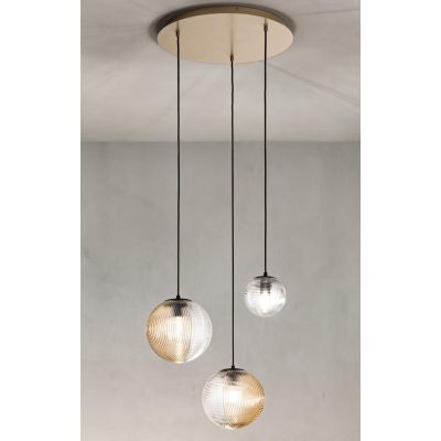 BELLA SOSPENSIONE CON BASE ORO E CON 3 SFERE IN VETRO SOFFIATO RIGATO BICOLORE LAMPADINE E27