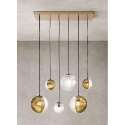 BELLA SOSPENSIONE RETTANGOLARE CON BASE ORO E 6 SFERE IN VETRO SOFFIATO RIGATO BICOLORE LAMPADINE E27