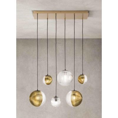 BELLA SOSPENSIONE RETTANGOLARE CON BASE ORO E 6 SFERE IN VETRO SOFFIATO RIGATO BICOLORE LAMPADINE E27