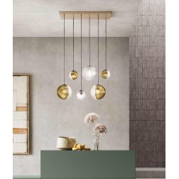 BELLA SOSPENSIONE RETTANGOLARE CON BASE ORO E 6 SFERE IN VETRO SOFFIATO RIGATO BICOLORE LAMPADINE E27 2