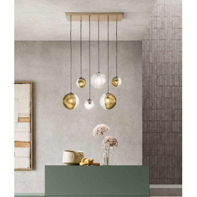 BELLA SOSPENSIONE RETTANGOLARE CON BASE ORO E 6 SFERE IN VETRO SOFFIATO RIGATO BICOLORE LAMPADINE E27