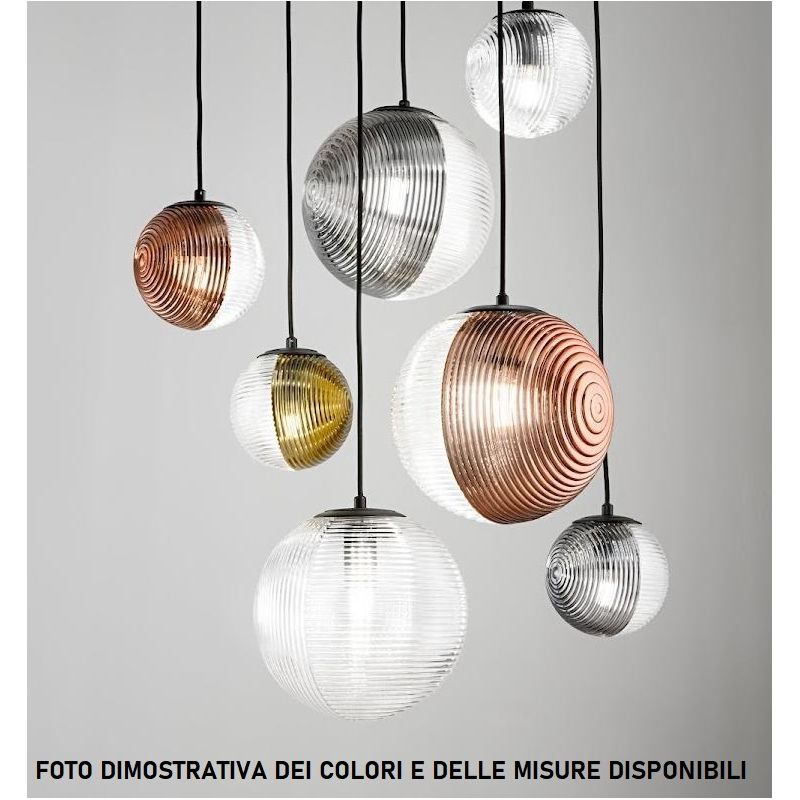 BELLA SOSPENSIONE CON BASE ORO E CON 3 SFERE IN VETRO SOFFIATO RIGATO BICOLORE LAMPADINE E27