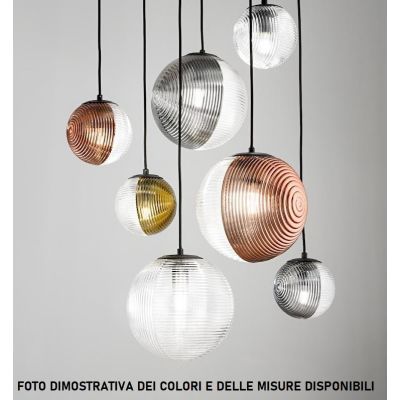 BELLA SOSPENSIONE RETTANGOLARE CON BASE ORO E 6 SFERE IN VETRO SOFFIATO RIGATO BICOLORE LAMPADINE E27