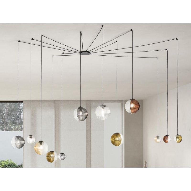 BELLA SOSPENSIONE DECENTRATA CON BASE NERA E 12 SFERE IN VETRO SOFFIATO RIGATO BICOLORE LAMPADINE E27