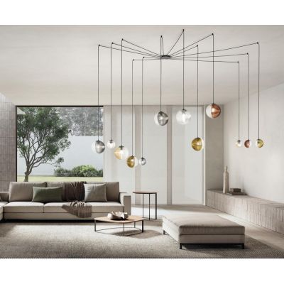 BELLA SOSPENSIONE DECENTRATA CON BASE NERA E 12 SFERE IN VETRO SOFFIATO RIGATO BICOLORE LAMPADINE E27